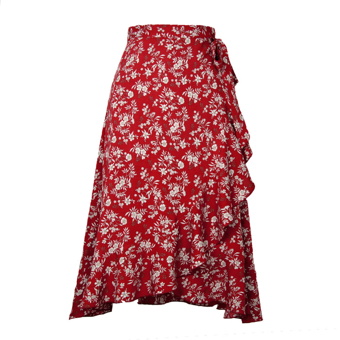 Color-Printed Red-Popular One-Piece Printed Lace-up Sheath Irregular Asymmetric Casual Skirt Summer Women Clothing Skirt-Fancey Boutique