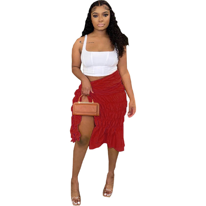 Color-Red-Women Clothing Sexy Solid Color Fold Split Skirt-Fancey Boutique