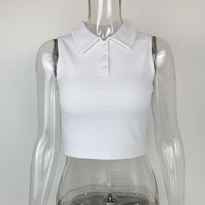 Arrival Summer Rib Polot Shirt Top Women Stand Alone Short Cropped Sleeveless Collared Vest-White-Fancey Boutique