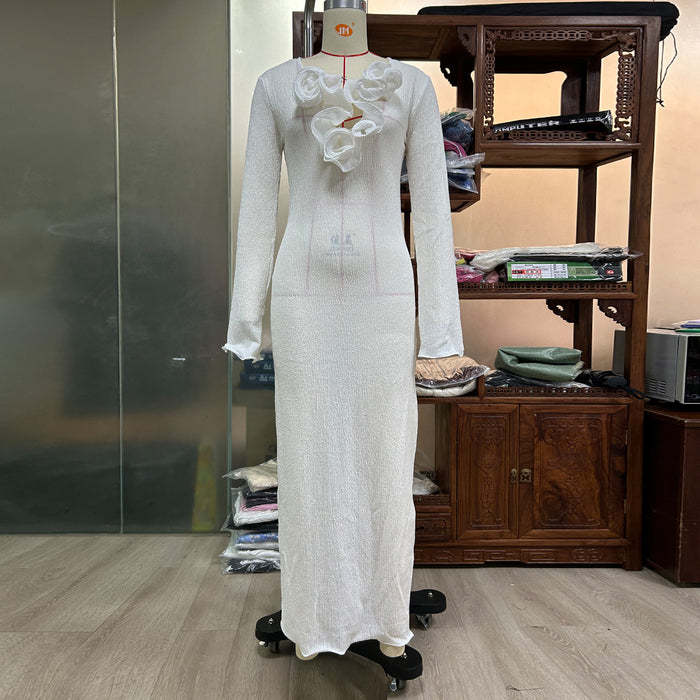 Three Dimensional Floral Decoration V neck Long Sleeve Solid Color Dress Slimming Slit Maxi Dress Women-White-Fancey Boutique
