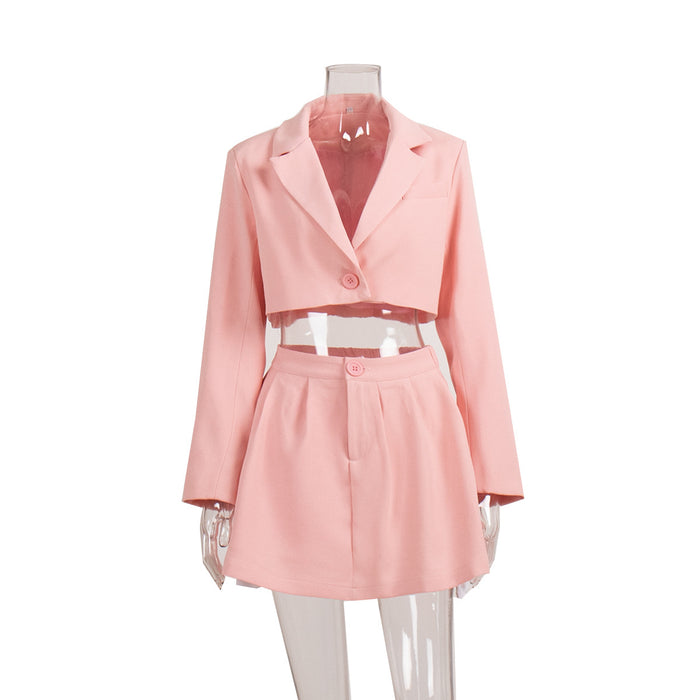 Suit Skirt Set Spring Shoulder Collared Small Suit Miniskirt Suit Suit-Light pink-Fancey Boutique