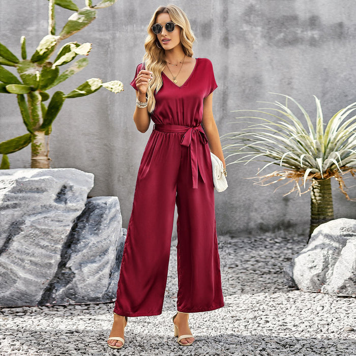 Color-Red-Solid Color Jumpsuit Women Summer Office Loose Fitting Wide Leg Trousers-Fancey Boutique