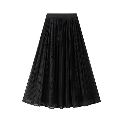 Color-Black-Mesh Skirt Women Autumn Winter High Waist Cover Two Sides Pleated Mid Length Large Swing A Line Gauze Skirt-Fancey Boutique
