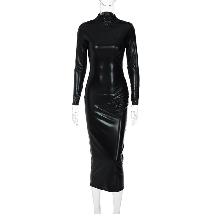 Color-Black-Clothing Autumn Faux Leather Dark Solid Color Slim Slimming Dress-Fancey Boutique