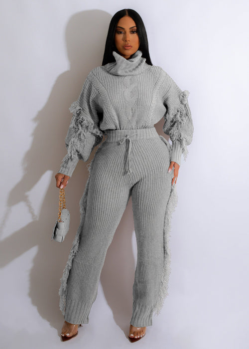 Color-Gray-4-Women Clothing Casual Solid Color Knitted Long Sleeve Turtleneck Tassel Suit-Fancey Boutique