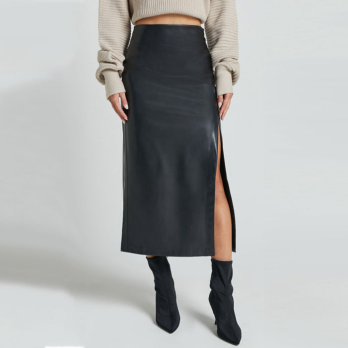 Autumn Winter Faux Leather Split Leather Skirt High Waist Zipper Skirt Slim Sheath Long Skirt Women-Fancey Boutique