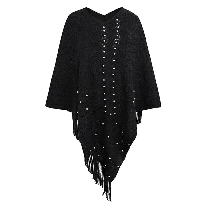 Color-Black-Autumn Winter Shawl Cape Knitwear Beaded Tassel Sweater Women-Fancey Boutique