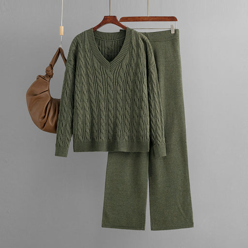 Color-Olive Green-Fashionable Wide Leg Pants Sweaters Women Clothing Autumn Winter Two Piece Suit Women Twist V neck Knitting Suit-Fancey Boutique