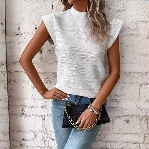 Pullover Beautiful Clothes Summer Half Turtleneck Water Ripple Back Buttoned Short Sleeve T Shirt-White-Fancey Boutique