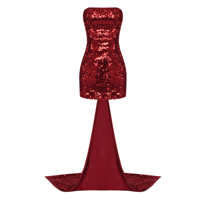 Color-Burgundy-Autumn Wine Red Bow Tail Sequin Strapless Dress Women Clothing Sexy Dress-Fancey Boutique