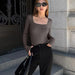 Color-Brown-Sexy Slim Rib Tight Square Collar Long Sleeve Jumpsuit Women-Fancey Boutique