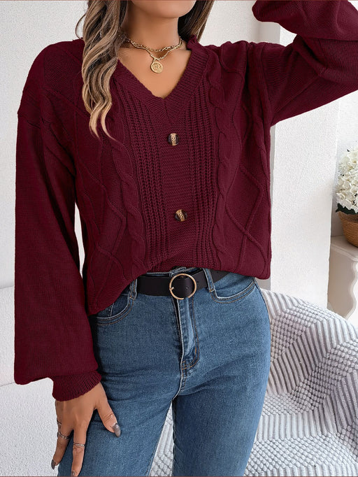 Color-Burgundy-Autumn Winter Solid Color V neck Buttons Twist Lantern Sleeve Pullover Sweater Women Clothing-Fancey Boutique