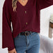 Color-Burgundy-Autumn Winter Solid Color V neck Buttons Twist Lantern Sleeve Pullover Sweater Women Clothing-Fancey Boutique