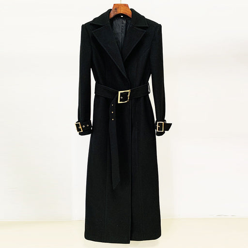 Color-Black-Goods Autumn Winter Star Simple Series Belt Long Woolen Coat Woolen Coat-Fancey Boutique