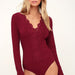 Color-Wine Red-Women Striped Sexy V neck Lace Edge Long Sleeve Autumn Wear One Piece T Back Base-Fancey Boutique