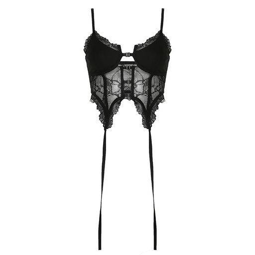 Color-Black-Sexy Sexy Charming Lace Slim Fit Patchwork Short Strap Sexy Backless Ribbon Inner Vest-Fancey Boutique