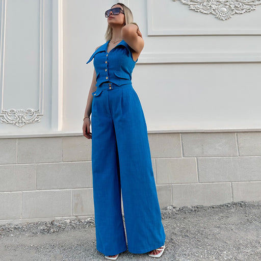 Color-Blue-Suit Women Summer Sleeveless Short Vest Top with Loose Solid Color Trousers Suit-Fancey Boutique