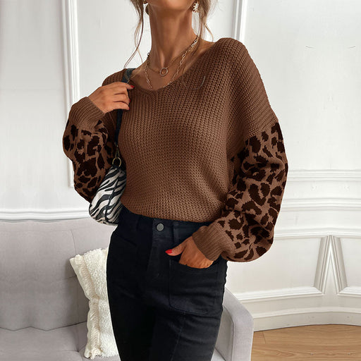 Color-Coffee-Autumn Women Thin round Neck Knitted Pullover Leopard Print Sweater Women-Fancey Boutique