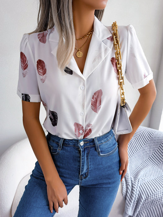 Color-White-Summer Elegant Collar Feather Loose Short Sleeve Shirt Women Clothing-Fancey Boutique