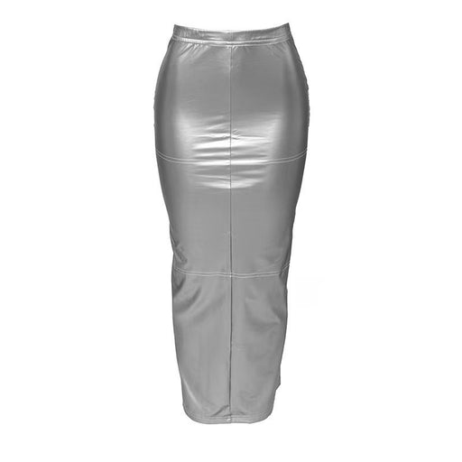 Color-Gray-Metallic Coated Fabric Autumn Solid Color Faux Leather Hip Slit Slim Fitting Trousers Skirt-Fancey Boutique