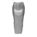 Color-Gray-Metallic Coated Fabric Autumn Solid Color Faux Leather Hip Slit Slim Fitting Trousers Skirt-Fancey Boutique