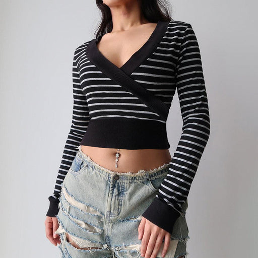 Street Striped Printed Deep V Plunge neck Cross Stitching Long Sleeves Cropped T shirt Sexy Waist Trimming Sweater-Fancey Boutique