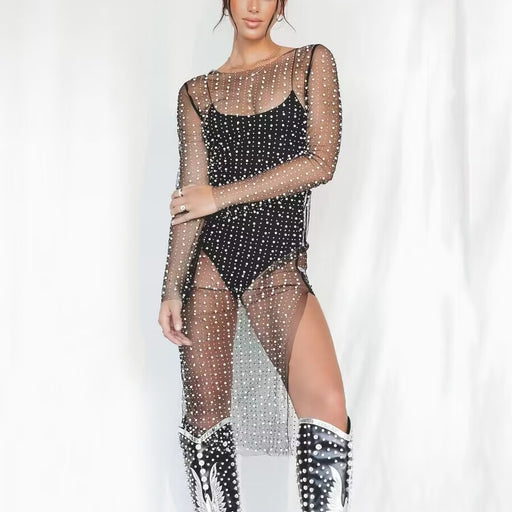 Color-Black-Sexy Beaded Rhinestone Blouse Mesh Side Split Dress-Fancey Boutique