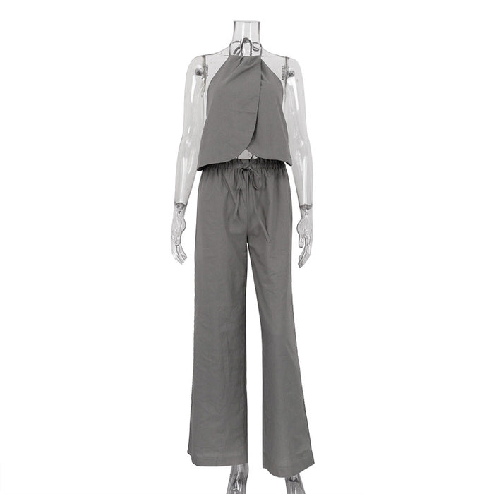 Summer Sexy Two Piece Suit Lace Up Halterneck Vest Sleeveless Top Women Wide Leg Pants Suit-Gray-Fancey Boutique