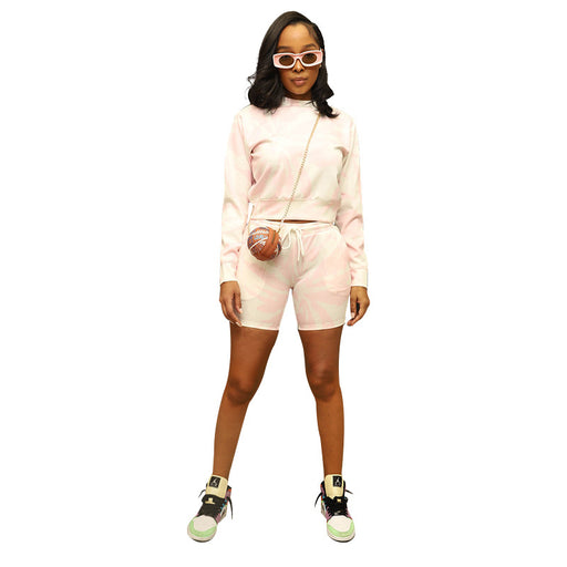 Winter Women Printed round Neck Pullover Long Sleeve Two-Piece Casual Shorts Suit-Pink-Fancey Boutique