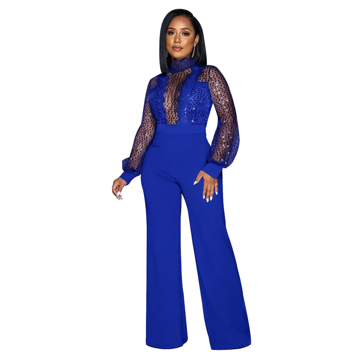 Color-Blue-Women Wear Hollow Out Cutout out See through Long Sleeved Trousers Lace up Jumpsuit-Fancey Boutique