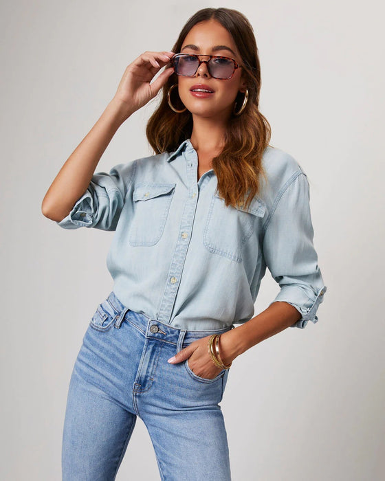 Color-Light Blue-Denim Shirt Autumn Casual Collared Single Breasted Women Long Sleeved Denim-Fancey Boutique