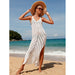 Travel Vacation Sexy Backless V-neck Solid Color Breathable Knitted Slit Maxi Dress Beach Sun Protection Blouse-White-Fancey Boutique