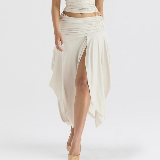 Color-Lvory-Women Wear Double Layer Satin Pleated High Waist Irregular Asymmetric Slit Skirt-Fancey Boutique