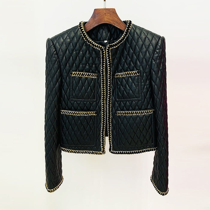 Color-Black-Heavy Industry Edge Decoration Rhombus Leather Jacket Cardigan Coat-Fancey Boutique