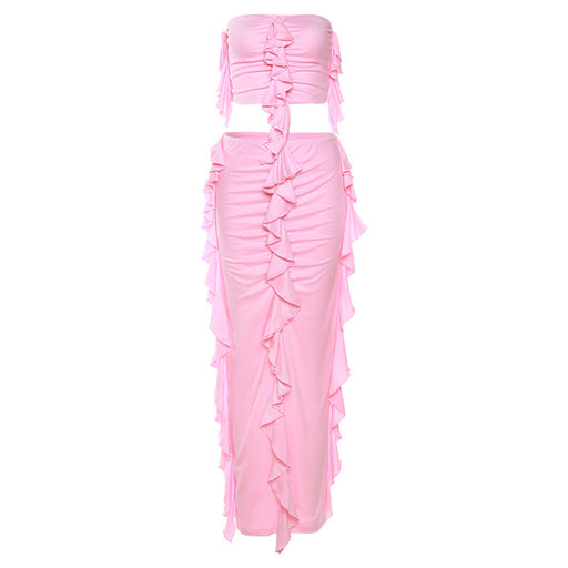 Color-Pink-Summer Women Clothing Chest-Wrapped Wooden Ear Vest Slim Fit Sheath Skirt Set-Fancey Boutique