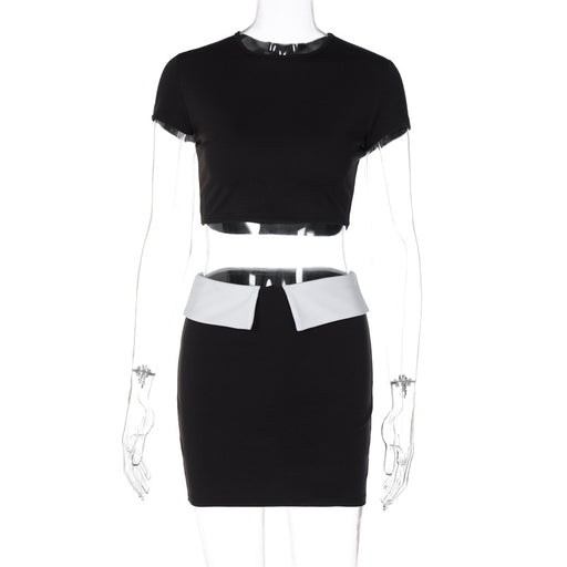 Color-Black-Color Contrast Stitching Two Piece sets Fall Women Short Sleeve Bare Cropped Slim Fit Skirt Outfit-Fancey Boutique