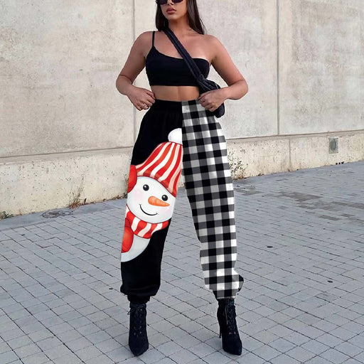 Color-Snowman Black and White Plaid-Christmas Autumn Winter Women Clothing Positioning Printing Loose Fitness Sports Harem Pants Plaid Trousers-Fancey Boutique