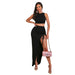 Color-Black-Solid Color Casual Slit Tied Top Skirt Women Suit-Fancey Boutique