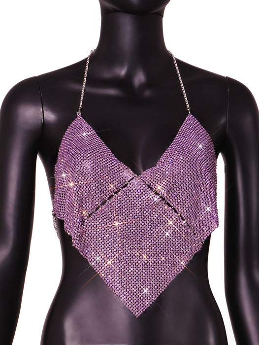Color-Pink-Women Clothing Nightclub Sexy Low Cut Backless Halter Rhinestone Stitching Triangle Vest Women-Fancey Boutique