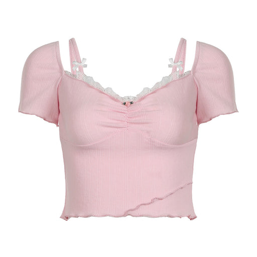 Color-Pink-Sweet Spicy Sexy Shoulder Strap Square Collar Lace Short Sleeve T shirt Chest Shape Cinched Patchwork Wooden Ear Cropped Top-Fancey Boutique