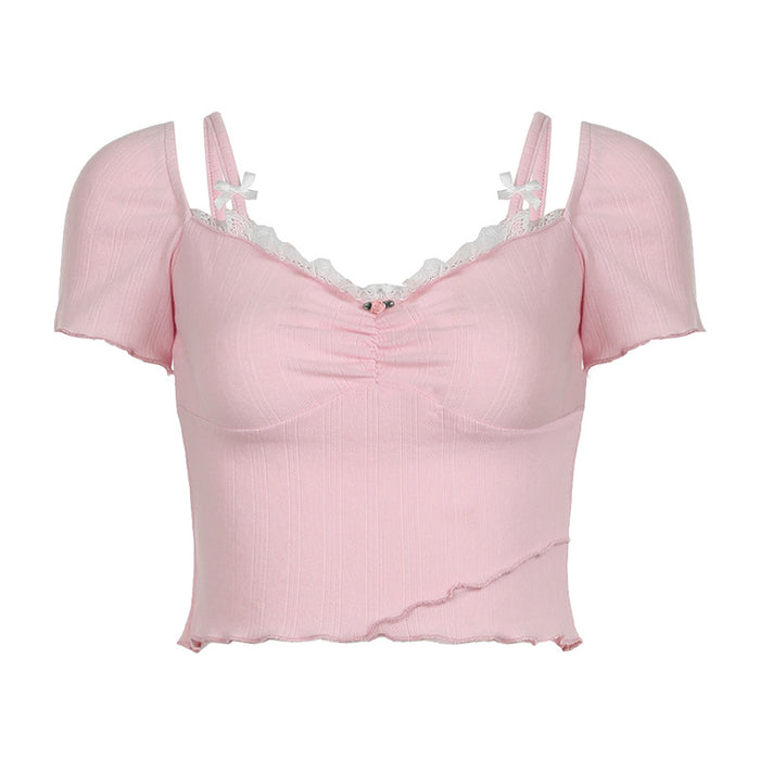 Color-Pink-Sweet Spicy Sexy Shoulder Strap Square Collar Lace Short Sleeve T shirt Chest Shape Cinched Patchwork Wooden Ear Cropped Top-Fancey Boutique