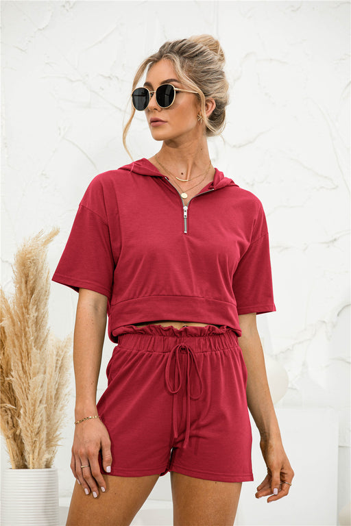 Color-Burgundy-Summer New Women Clothing Solid Color Hooded Zipper Shorts Casual Suit-Fancey Boutique