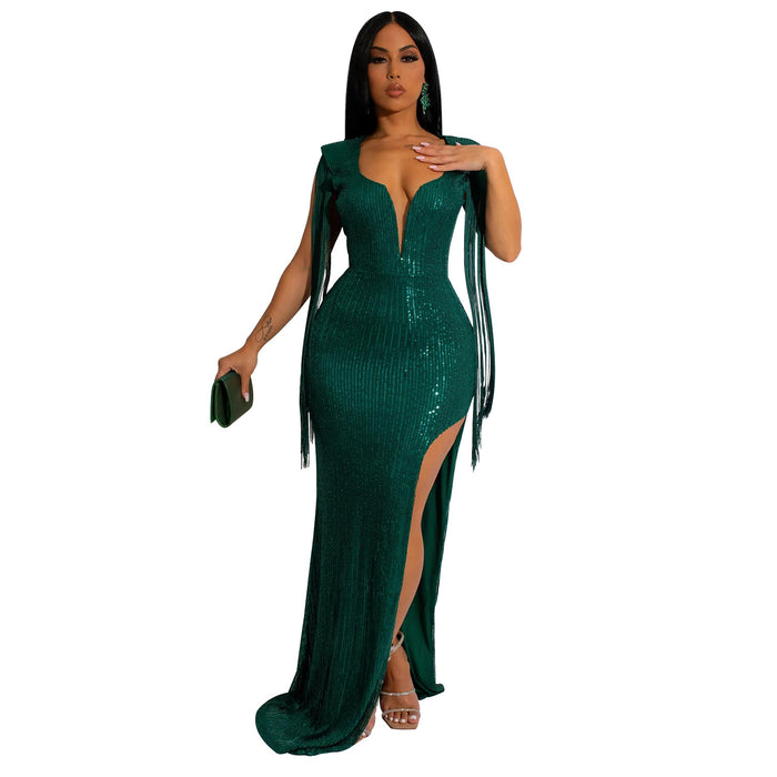 Color-Green-Women Wear Solid Color Sequin Tassel Sleeveless V neck Backless Dress Women-Fancey Boutique