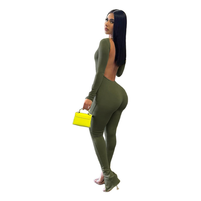 Color-Olive Green-Women Clothing Sexy Finger Stall Clothes Solid Color Backless Slit Small Horn Jumpsuit-Fancey Boutique