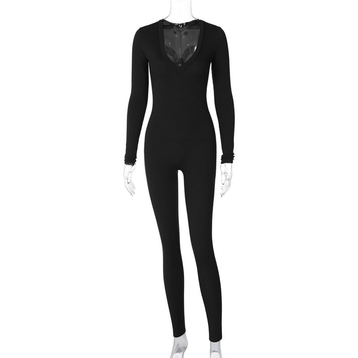 Color-Black-Women Clothing Spring Solid Color Slim Sports Long Sleeve Jumpsuit-Fancey Boutique
