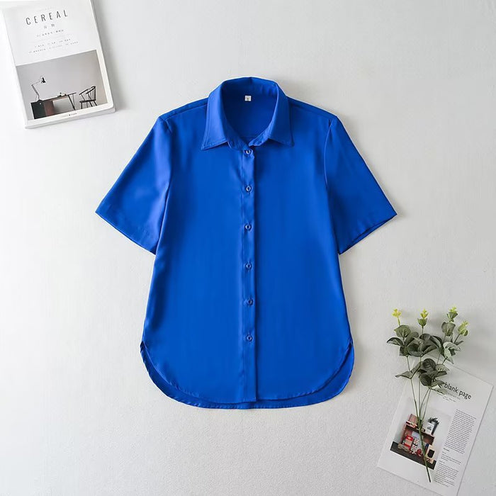 Color-Blue-Summer Women Clothing Slit Design Shirt Korean Silk Satin Texture Short Sleeve Polo Collar Top-Fancey Boutique