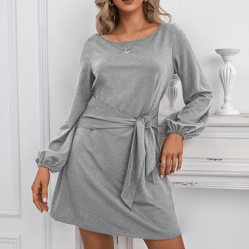 Color-Gray-Autumn Winter Women Clothing Bundle round Neck Long Sleeved Dress Women-Fancey Boutique