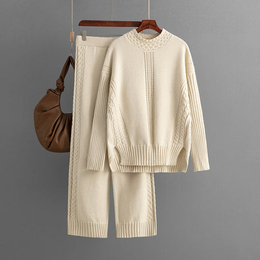 Color-Apricot-Suit Women Autumn Winter Casual Solid Color Loose Knitted Mock Neck Sweater Two Piece Set-Fancey Boutique