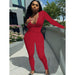 Color-Red-Women Clothing Sexy Deep V Plunge Plunge Long Sleeve Trousers Suit Solid Color Sanding Stretch Two-Piece Set for Women-Fancey Boutique