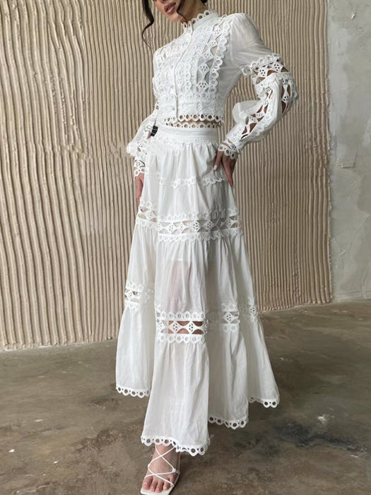 Fall French Vintage Court Niche Women Suit Lace Princess Sleeves Solid Color Suit-White-Fancey Boutique